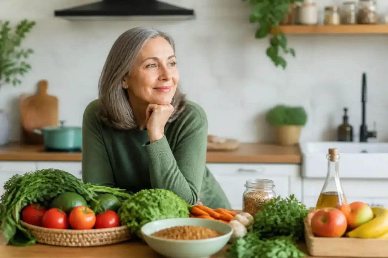 Femme souriante préparant un repas sain dans une cuisine lumineuse