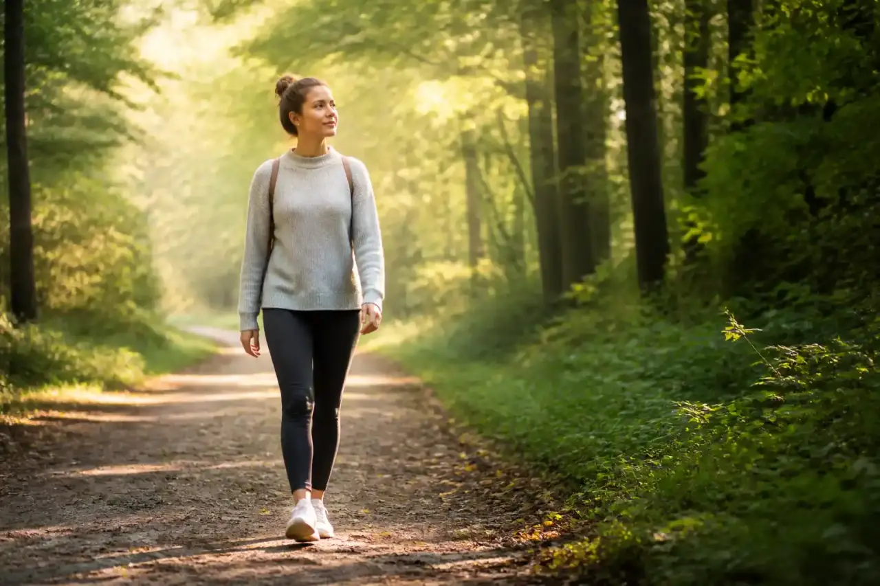 Femme marchant calmement sur un sentier lumineux entouré de verdure