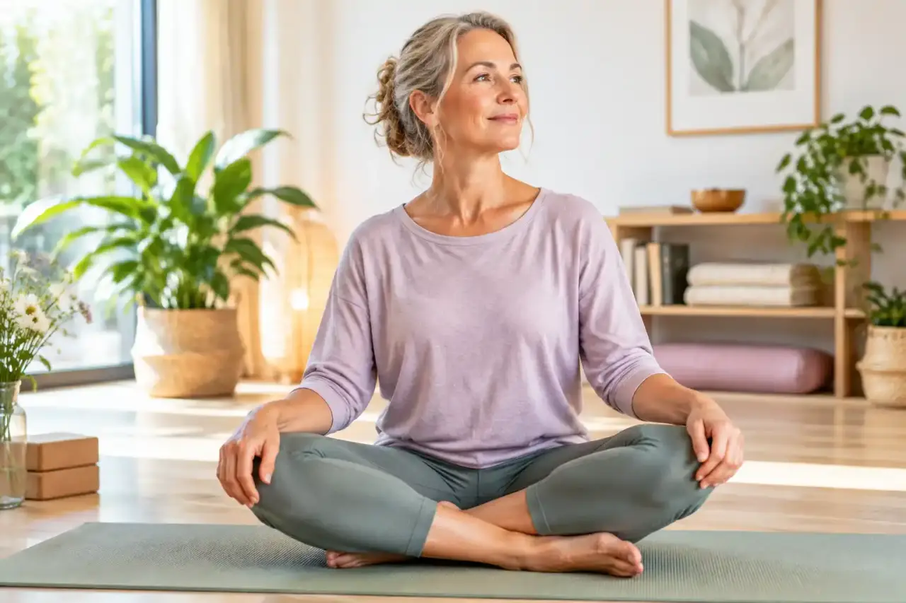 Femme souriante pratiquant un yoga doux dans un salon lumineux entouré de plantes